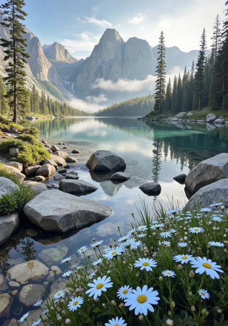 A sweeping aerial view of a rugged alpine lake embraced by jagged granite peaks, bathed in soft, pastel morning light. Detailed textures of crystalline water surfaces, rugged rock formations, and delicate wildflower clusters adorn the pristine landscape. Close-up captured dew on vibrant, cool-toned petals along the lakeshore, complemented by intricate natural gradients and ambient mystique. Low-angle perspective of towering pines and emerald reflections enhances the dramatic spatial composition. A dynamic tracking shot following the gentle flow of water amidst layered shadows, rendered in 8k quality, masterpiece clarity, and intricate detail. Luminous light interplay, subtle contrasts of warm and cool hues, and ambient atmospheric elements create a serene yet powerful natural tableau. <lora:RM_Enhancer_v1.0_bf16:0.7> <lora:zyd232_Ink_Style_Flux1D_v1_1:0.6> <lora:aidmaMJ6.1-FLUX-v0.4:0.6> <lora:Chris_Luka:0.7> <lora:MushyFunk:0.3> <lora:flux_dev:1>