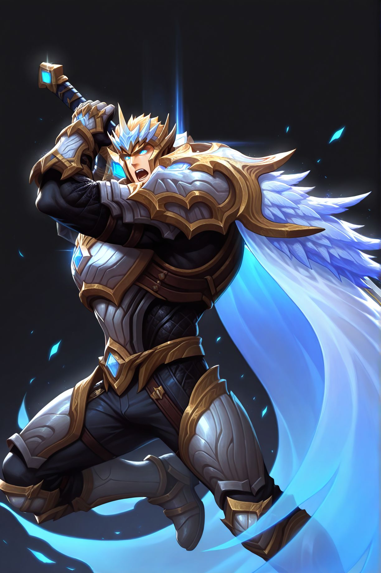 1boy,blue eyes,glowing eyes,muscular male,mature male,bara,upper body BREAK
(masterpiece, best quality, high quality, absurdres, high detail),(1boy,solo,mature male) BREAK
from side,back,holding sword,dynamic pose,knee up,hand up,open mouth,black background,blue light,
god-king_garen,god-king armor,god-king helmet,shoulder armor,gauntlets,transparent cape,armor,cape,helmet,
<lora:hand 5.5:1>,<lora:add-detail-xl:1>,<lora:4k:1>,<lora:god-king__garen:0.8>,<lora:sn0w:1>,, <lora:Expressive:0.8>,