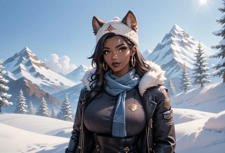score_9, score_8_up, score_7_up, score_6_up, score_5_up, score_4_up, Very Detailed Background, Cinematic Lighting, Volumetric Lighting, Bloom, finely detailed hair, Post Processing, Perfect Anatomy, Extremely Detailed Eyes And Face, Perfect Eyes.
1girl, (solo), black girl, african girl, very long straight black hair, brown eyes, gorgeous lips, dark lips, slim figure, narrow waist, wide hips, perfect round butt,( huge breasts:1.0), firm breasts,
clothes -- fully dressed. ushanka hat, winter coat, very long blue scarf.
snow covered trainstation, tram rails, historic buildings,sunlight,
blue sky, day, beautiful view, mysterious glow, beautiful clouds,
Focus on upper body.close-up