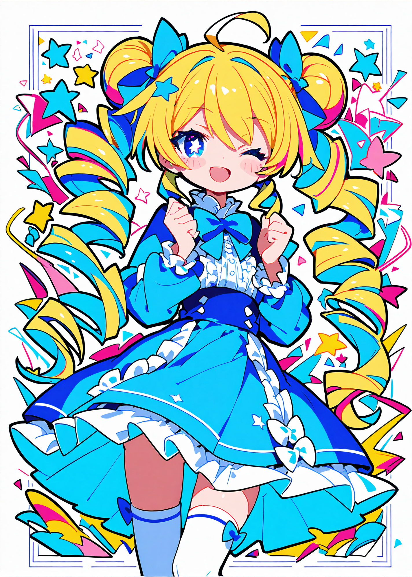(score_9,score_8_up,score_7_up),
<lora:GIAST STYLE_tpony:0.8>,
,(giast:1.7),(colorful:1.3),(white background:1.2),,flat color, limited palette, low contrast,multicolored hair,
1girl, one eye closed, thighhighs, open mouth, solo, blue eyes, ahoge, white legwear, smile, long hair, heart ahoge, bow, blonde hair, twintails, hair bow, dress, ;d, long sleeves, looking at viewer, bangs, blush, double bun, heart, frills, white background, star (symbol), symbol-shaped pupils, eyebrows visible through hair, blue dress, cowboy shot, hair between eyes, drill hair, shirt