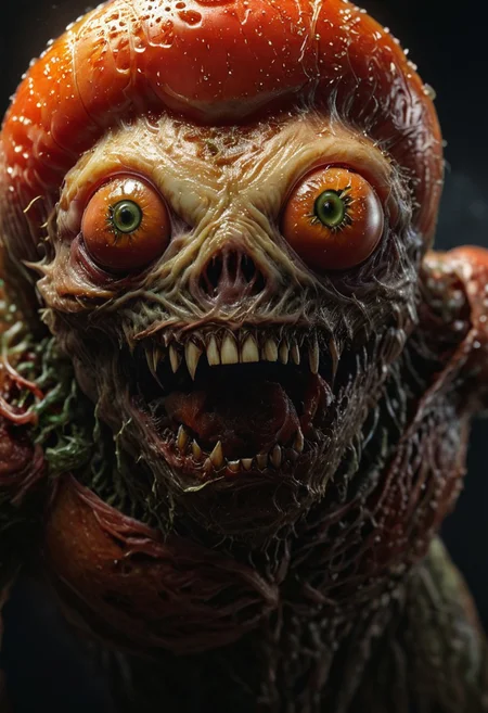 light,realistic,,dark black tone, dark fantasy, horror, 
cinematic lighting, movie-level texture, hand-painted details, epic, meticulous,perfect composition, dynamic play of light, rich colors, epic shot, perfectly quality, natural textures,
film grain, ultrarealistic 4k,photo art, photo realistic,
creature tomato monster, tomato head, realistic,natural,
high detail, photoshadow, natural colors, correct white balance, color correction, dehaze,intricate detailed