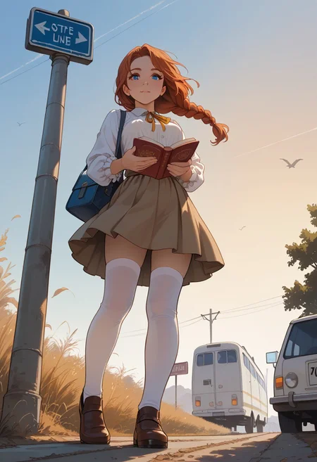 masterpiece, UHD, 8K, high res, high detailed, score_9, score_8_up, score_7_up,
1girl, solo, short, long bright hair, braid, cute face, petite body, white blouse, medium breasts, wind lift up short skirt, white stockings, shoes, holding book in own hands, stand on bus stop, sunset, 
low angle,