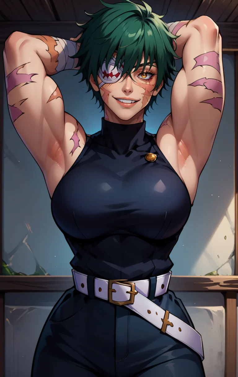 score_9, score_8_up, score_7_up, score_9, source_anime, BREAK <lora:MakizeninSDXL:0.9> MakizeninSDXL, 1girl, solo, breasts, looking at viewer, smile, short hair, bangs, large breasts, shirt, room background, golden eyes, cowboy shot, parted lips, green hair, sleeveless, belt, pants, armpits, arms up, black shirt, muscular, scar, black pants, eyepatch, scar on face, muscular female, white belt, burn scar, scar on arm, high-waist pants