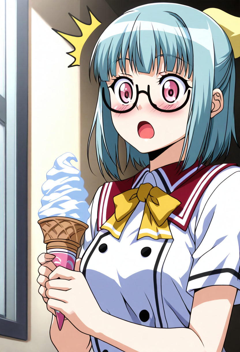 [[When bae gives you his ice cream]], masterpiece, best quality, 1girl, solo, eyelashes, (beautiful eyes),     zzSuzu, pink eyes, aqua hair, short hair, half updo, semi-rimless eyewear,    surprised, blush,  open mouth,  school uniform, ice cream, vanilla, awe, looking at ice cream, imminent dessert,    ,<lora:SuzuMidori_KanojoX3_IXL_v1:1.0>,