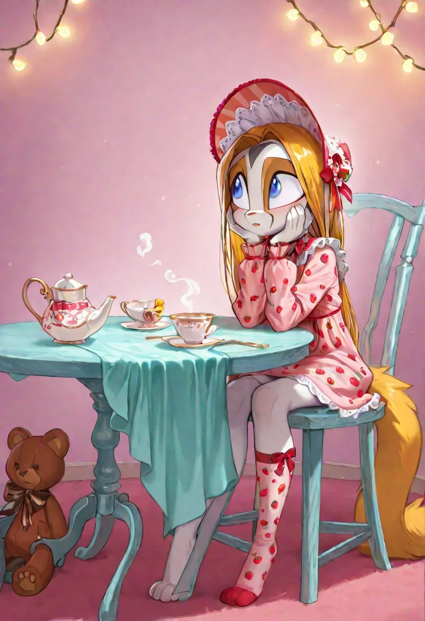 masterpiece, best quality, amazing quality,
kalei ,white skin,
1girl, solo, anthro, long yellow hair, large bushy yellow tail, white fur, white limbs, digitigrade legs, , blue eyes, (child, kid)
sits at a tiny pastel-pink table in her room, surrounded by plush toys. She pours imaginary tea into a doll-sized cup, wearing a frilly lace bonnet and a dress with strawberry prints. Her mismatched socks peek out under the table, and her eyes widen with exaggerated seriousness as she “serves” a teddy bear. A stray cookie crumb clings to her cheek, and fairy lights twinkle overhead like gentle stars, stuffed_animal, tea_party, frilly_dress, bonnet, strawberry_print, mismatched_socks, indoors, fairy_lights, dollhouse
, <lora:dreamkeepers_kalei_illus:1>,