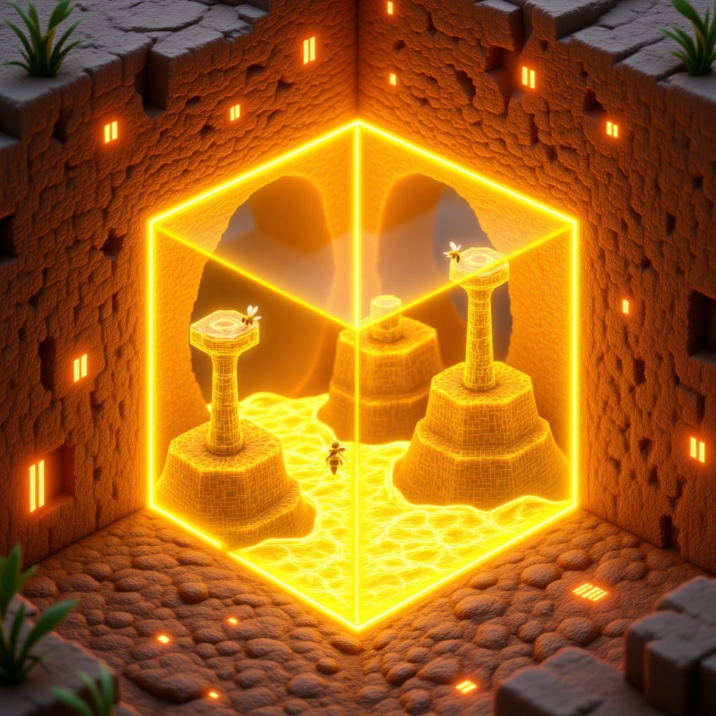 M1CR0CUB3D, aidmafluxpro1.1, A cubed beehive cavern deep in a fantasy biome. The surface shows amber-crusted soil and massive wax towers. Inside, hexagonal tunnels run with glowing golden sap, and crystalline bee constructs buzz in silent harmony. Warm yellow-orange palette, translucent wax shaders, macro-fantasy style with alien-organic textures.