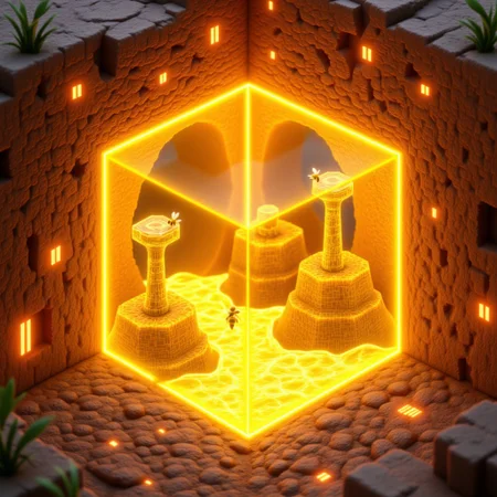 M1CR0CUB3D, aidmafluxpro1.1, A cubed beehive cavern deep in a fantasy biome. The surface shows amber-crusted soil and massive wax towers. Inside, hexagonal tunnels run with glowing golden sap, and crystalline bee constructs buzz in silent harmony. Warm yellow-orange palette, translucent wax shaders, macro-fantasy style with alien-organic textures.
