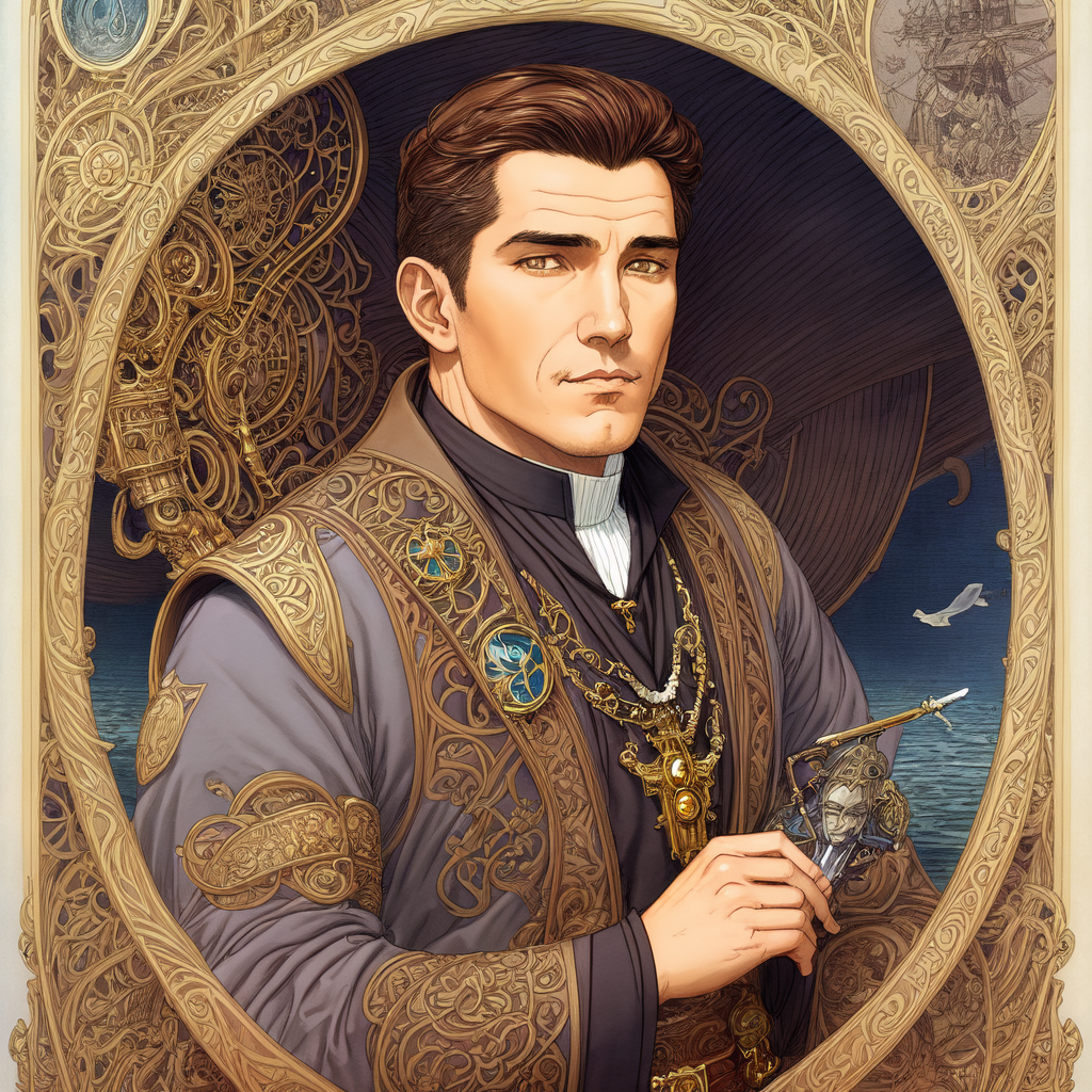 painting, portrait, half body Art Nouveau Style, the sneaky bigoted male priest, brown short hair, on deck of a steamboat, dark style, dark sky, false, grey cassack, steampunk by moebius, masterpiece, best quality, intricate, highly detailed:1.1, drawing, Jean Giraud, <lora:add_detail:1>, <lora:Moebius:0.7>, <lora:Nouveau_last:1> border, muted colours,