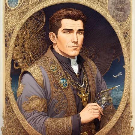 painting, portrait, half body Art Nouveau Style, the sneaky bigoted male priest, brown short hair, on deck of a steamboat, dark style, dark sky, false, grey cassack, steampunk by moebius, masterpiece, best quality, intricate, highly detailed:1.1, drawing, Jean Giraud, <lora:add_detail:1>, <lora:Moebius:0.7>, <lora:Nouveau_last:1> border, muted colours,