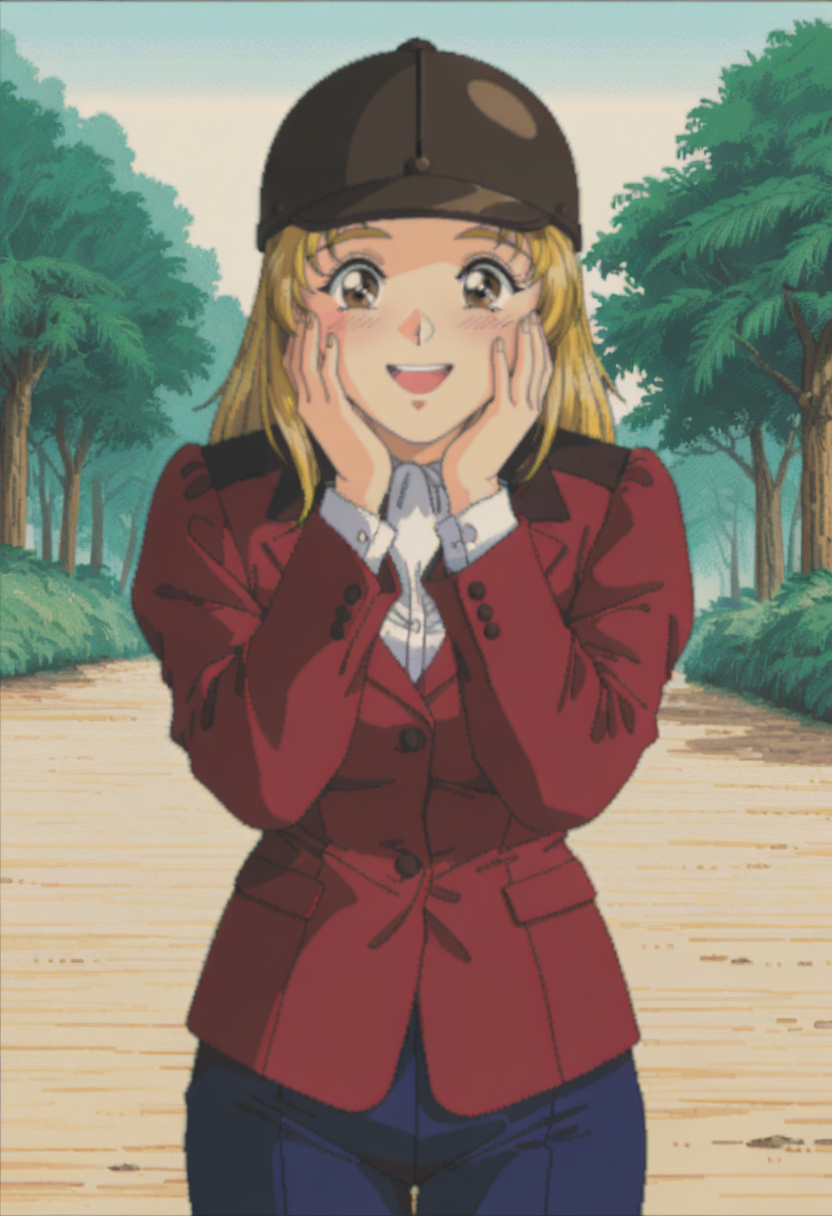 highres, best quality, masterpiece, outdoors,
1girl, solo, pixel art, 1990s \(style\), blonde hair, long hair, brown eyes,
hat, jacket, red jacket, blue pants, white shirt, formal, helmet,
looking at viewer, blush, smile,
standing, hands on own cheeks, upper teeth only, 
<lora:_miyuki_galspanic-elesico-ilxlA:1>