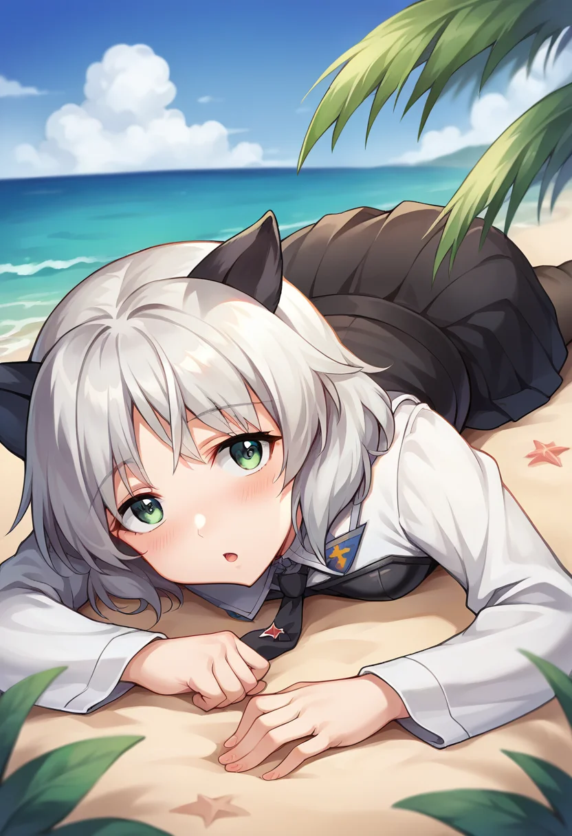 score_9, score_8_up, score_7_up, source_anime, masterpiece, 1girl, ctiansanya, uniform, necktie, strapless vest, long sleeves, black skirt, black pantyhose, beach, outdoors, sunny, ocean, scenery, depth of field, looking at viewer, (lying), on sand, chestnut mouth, close-up, cat ears, on stomach, <lora:Sanya_updated_ver2_ct:1>