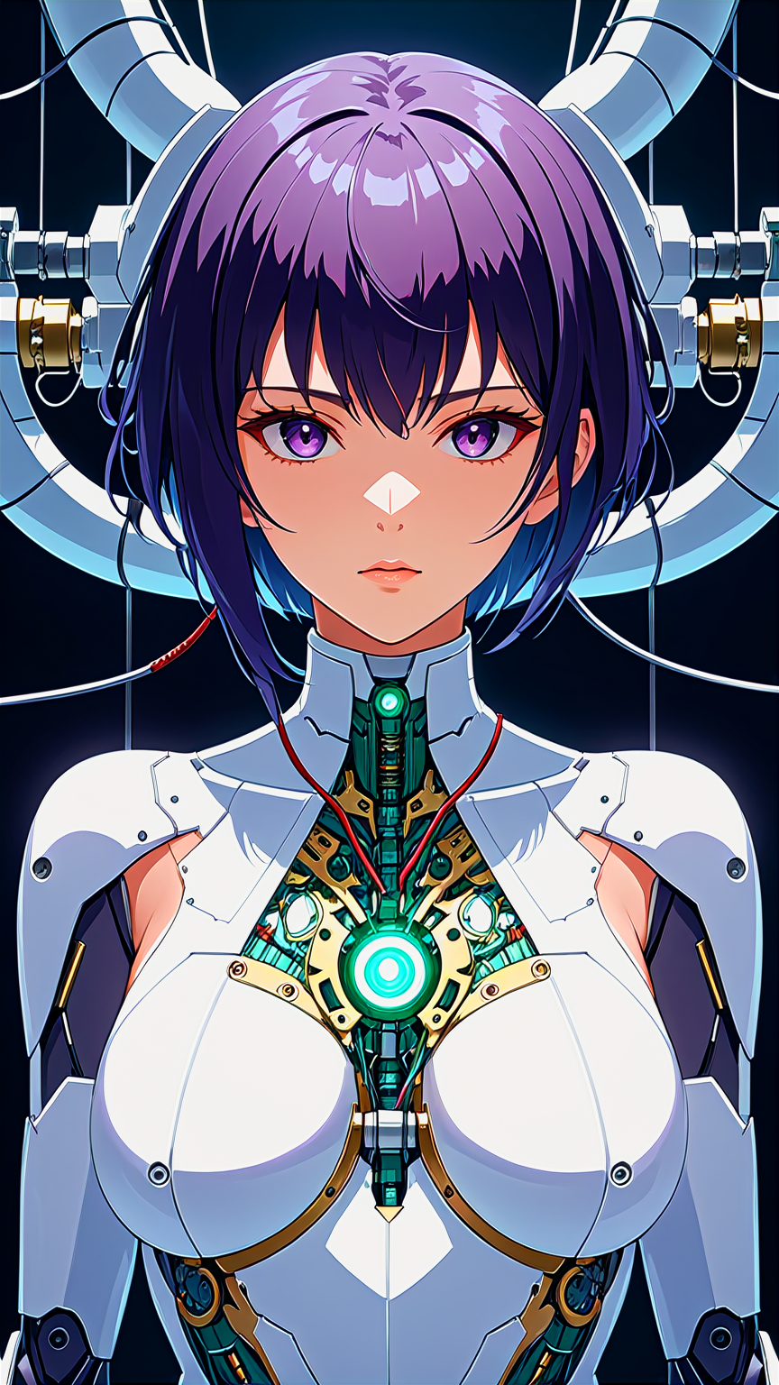 masterpiece, best quality, 1mechanical girl, detailed face, shadows, 8k, ultra sharp, metal, intricate, ornaments detailed, cold colors, egypician detail, highly intricate details, rending on cgsociety, facing camera, machanical limbs, mechanical cervial attaching to neck, wires and cables connecting to head, killing machine, ghost in the shell, ((anime art style))