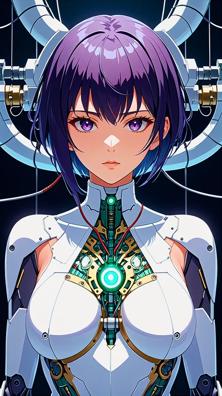masterpiece, best quality, 1mechanical girl, detailed face, shadows, 8k, ultra sharp, metal, intricate, ornaments detailed, cold colors, egypician detail, highly intricate details, rending on cgsociety, facing camera, machanical limbs, mechanical cervial attaching to neck, wires and cables connecting to head, killing machine, ghost in the shell, ((anime art style))