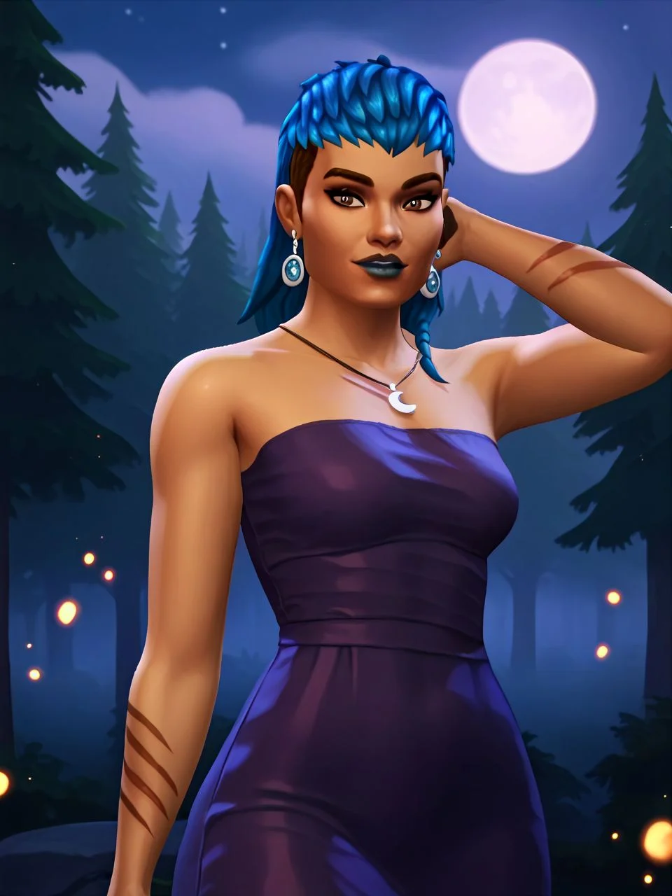 PonyXLV6_Scores, northern forest, night, night sky, moonlight, full moon, 1girl, solo, looking at viewer, satin dress, shiny, purple dress, off-shoulder, sleeveless, strapless, high slit, <lora:roryTS4_PDXL new:1> roryTS4, dark skin, blue hair, brown eyes, long black nails, blue lips, necklace, earrings, scar on arm, hand behind head, parted lips, slight smile,