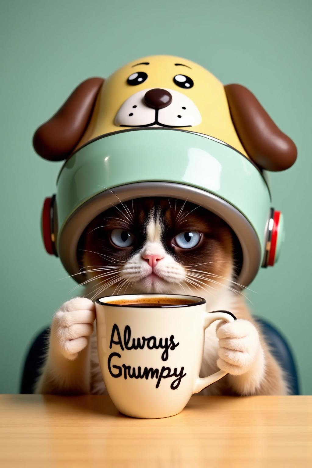 Grump Cat drinking coffee. Grumpy Cat is wearing a large vintage hair dryer over herhead that looks like a puppy's head. The mug has the phrase "Always Grumpy" printed, <lora:vintage_hairdryer2_nocap_d4a2e4:1.0><lora:805469353702144841:0>