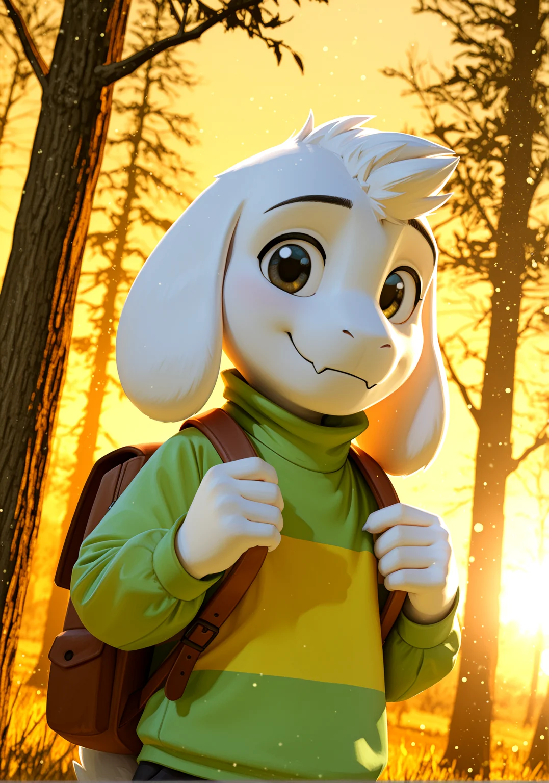 (impressionist painting:1.3), 1boy, <lora:AsrielIllustriousNAI-000020:0.8> Asriel Dreemurr, undertale, caprine, cub, young
pine forest, sunset BREAK
portrait, brown backpack, backlighting, smile, looking at viewer, dutch angle, high angle, CGI, 3D, HDR, IMAX, particles, cinematic shadows, cinematic light, (ambient occlusion, raytracing, film-style contrast, chromatic aberration, depth of field), detailed background, <lora:spo_sdxl_10ep_4k-data_lora_webui:1> perfect quality, best quality, detailed environment, clear composition, absurdres, very aesthetic, high resolution, newest (masterwork, masterpiece, hyper-detailed, 8k uhd), BREAK
(SuperQuality:1.0) ~ (SuperQuality:1.2)âââ
