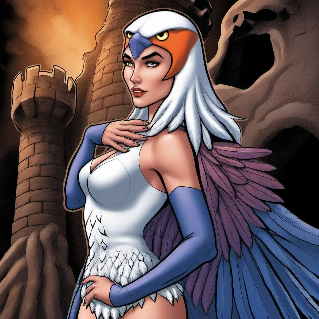 comic a woman, white hairs, boots, feathers, wings, breast, grayskull castle background  <lora:Sorceress1024:0.8> . graphic illustration, comic art, graphic novel art, vibrant, highly detailed