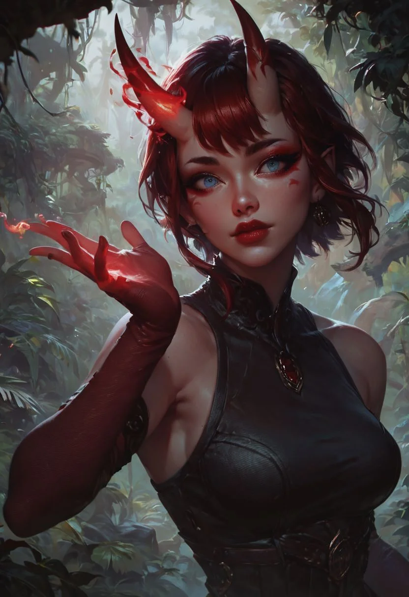 score_9, score_8_up, score_7_up,(digital art,best quality,beautiful detailed face),
,1 beautiful girl,Thin face,Pale white skin, blue eyes (red eyeshadow),Short red hair(bangs), Oni horns, red lips,black dress,Short pleated skirt,Elbow gloves,(Red Magic aura:1.2),jungle