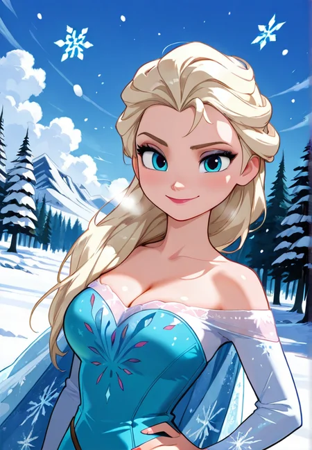 masterpiece, best quality, amazing quality, very aesthetic, absurdres,  newest, detailed background, upper body, forest, snow, sky, clouds, wind, dynamic angle, snowflakes
elsadisney, 1girl, snowflakes, dress, hair over shoulder, platinum blonde hair, long hair, smile, hand on hip, off-shoulder dress, cape, large breasts, cleavage, looking at viewer
 <lora:Elsa_-_Disney_Illustrious-000006:1>