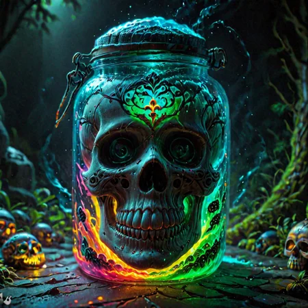 bioluminescent rainbow, sugar skull in a jar ral-lava:0.9:20
ultra realistic 8k cg, masterpiece, professional artwork, cinematic lighting,Contained Color