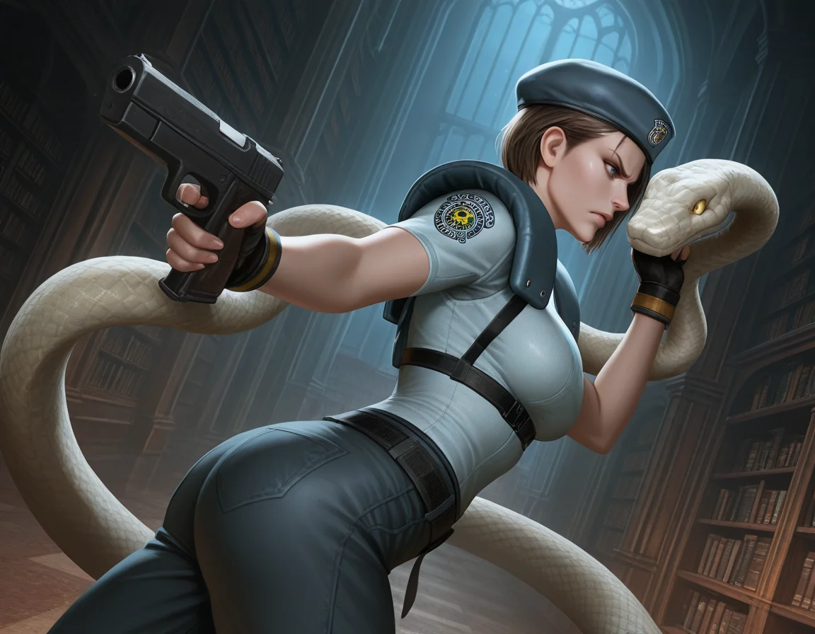 , jill valentine, 1girl, beret, blue eyes, breasts, short, pants, sleeves, , dynamic angle, indoors, mansion, library, night, angry, huge snake, holding pistol, from side
, masterpiece, best quality, realistic, <lora:IL_RE1Jill_t1-33-64:1>
