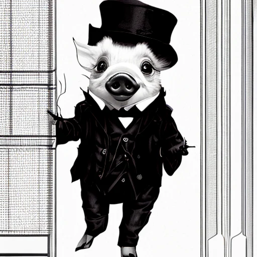 An antropomorphic pig wearing a black suit, mustache, top hat, duotone, detailed victorian hall background, illustration, art by trInkdBer