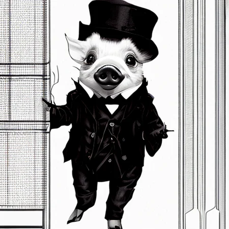 An antropomorphic pig wearing a black suit, mustache, top hat, duotone, detailed victorian hall background, illustration, art by trInkdBer