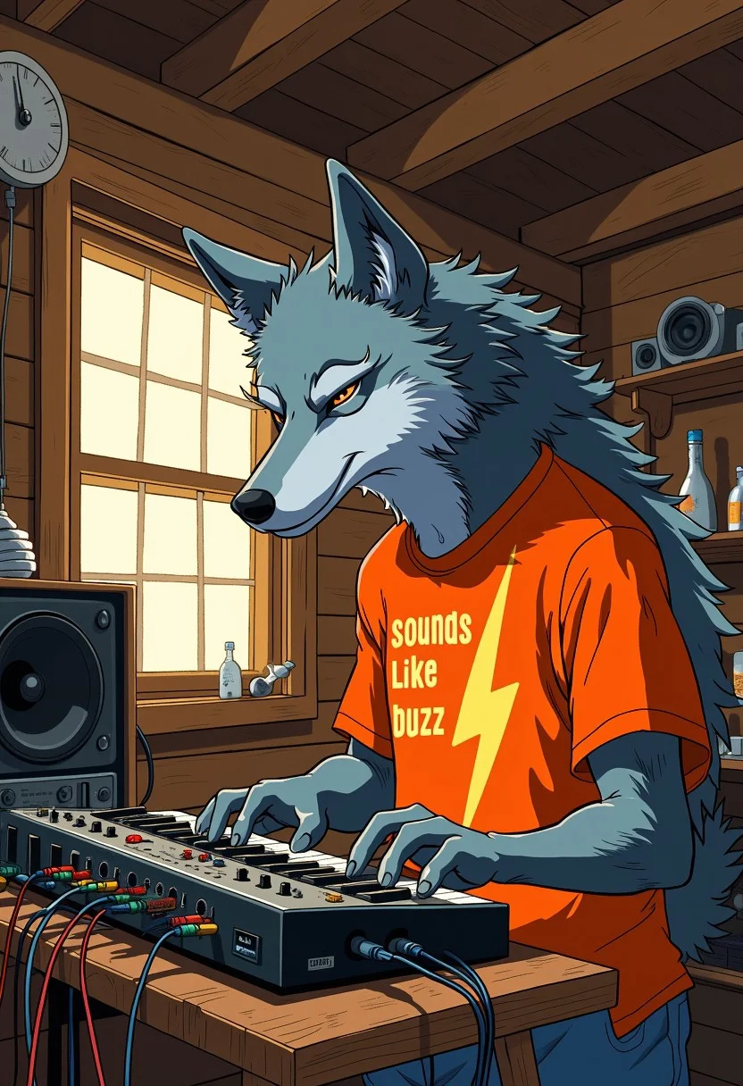 An anthro gray wolf musician is arranging cables on an analog synthesizer in a rural cabin studio, he's wearing an orange t-shirt with text "sounds like buzz" under a yellow lightning bolt symbol, dynamic, portrait, anime style oil painting