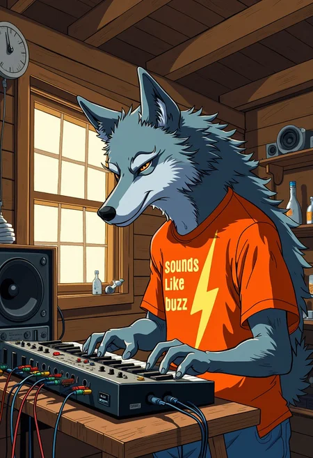 An anthro gray wolf musician is arranging cables on an analog synthesizer in a rural cabin studio, he's wearing an orange t-shirt with text "sounds like buzz" under a yellow lightning bolt symbol, dynamic, portrait, anime style oil painting