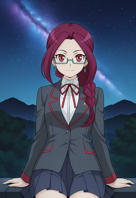 masterpiece,best quality,amazing quality,
1girl, solo,
Maki Nagashiro (Cardfight Vanguard), purple hair, long hair, single braid, red eyes, glasses, semi-rimless eyewear, school uniform, jewelry, earrings, neck ribbon, white shirt, blazer, long sleeves, pleated skirt,
looking at viewer, smile,
cinematic,
Sit, leaning back, with two arms,
bloom, night, at mountain, greenery, galaxy sky,
Official style, anime screencap, anime coloring,