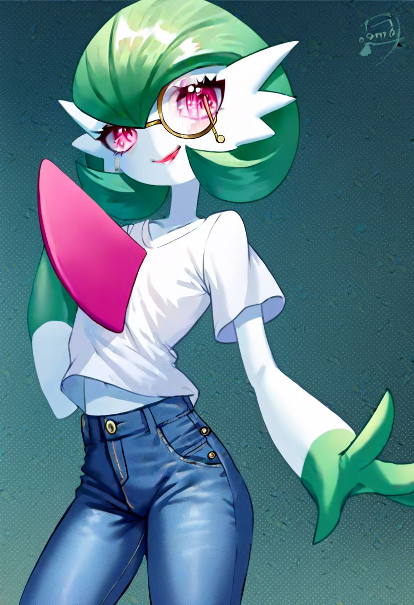 score_9_up, score_8_up, score_7_up, Score_6_up, Score_5_up, Score_4_up, source_anime, (masterpiece, perfectly detailed, detailed face, detailed eyes, beautiful eyes),  8K, extremely detailed, perfect face, PokeMaster_PS, gardevoir_pokemon, monocle, round eyewear, bob cut, colored skin, flat chest, green hair, multicolored skin, pink eyes, pokemon (creature),  two-tone skin, white skin, female, naughty face, wearing jeans pants, wearing loosen t-shirt, masterpiece