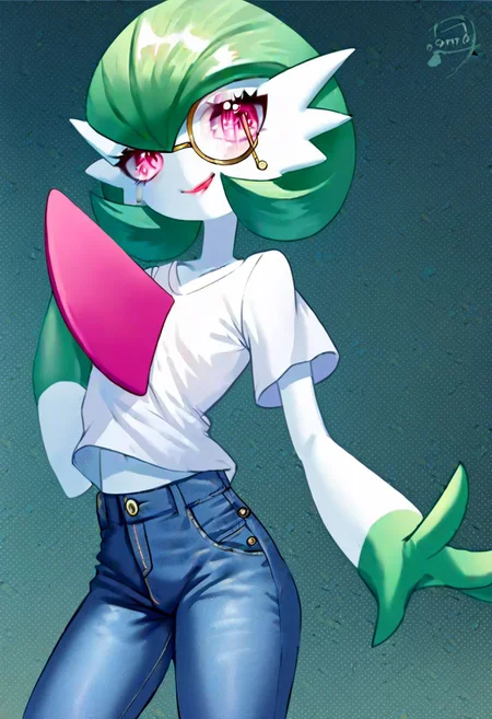 score_9_up, score_8_up, score_7_up, Score_6_up, Score_5_up, Score_4_up, source_anime, (masterpiece, perfectly detailed, detailed face, detailed eyes, beautiful eyes), 8K, extremely detailed, perfect face, PokeMaster_PS, gardevoir_pokemon, monocle, round eyewear, bob cut, colored skin, flat chest, green hair, multicolored skin, pink eyes, pokemon (creature), two-tone skin, white skin, female, naughty face, wearing jeans pants, wearing loosen t-shirt, masterpiece