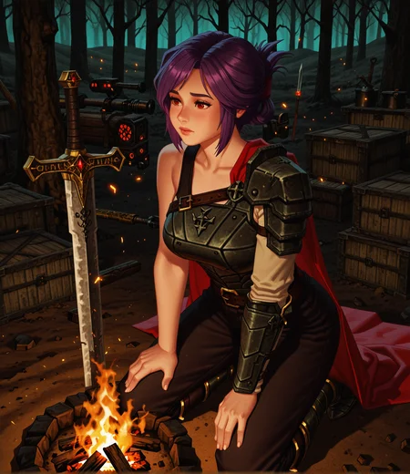 kingpin, realistic, masterpiece, best quality, amazing quality, very aesthetic, absurdres, newest, firelight glow, rim shadows, (kneeling:1.2), (gazing into fire:1.2), (1girl, solo, sabia:1.2), purple hair, red eyes, folded ponytail, armor, single shoulder armor, cape, single bare shoulder, clothed, large breasts, campfire in woods, scattered gear, glowing embers, nearby sword stabbed in dirt, whispering breeze, quiet solitude, <lora:dmd2_sdxl_4step_lora:1>, <lora:Kingpin_-_Life_of_Crime_Style_1.2_ILXL-000010:1>, <lora:KOD_dtv5r__for_Illustrious_v0.1__Adafactor:0.34>