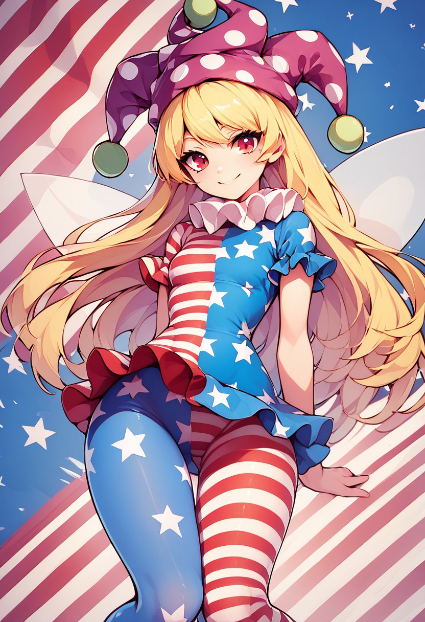 score_9, score_8_up, score_8, medium breasts, (curvy), cute, eyelashes,     
rating safe, 
BREAK,
zzClwnpc, red eyes, blonde hair, long hair, striped, jester cap, polka dot, american flag legwear, american flag dress, star print, pantyhose, fairy wings,
BREAK,
smile, looking at viewer, 
abstract background, (American flag background:1),
zPDXL, Expressiveh