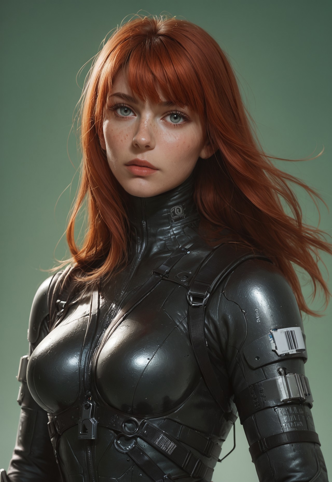 safe_pos, mcnm, 1girl, upper body, freckles, long hair, bangs,

medium breasts, 

mech suit, armor, synthetic, leather straps, nylon, tactical, barcode, unzipped,

simple green background,

score_8, score_9_up,