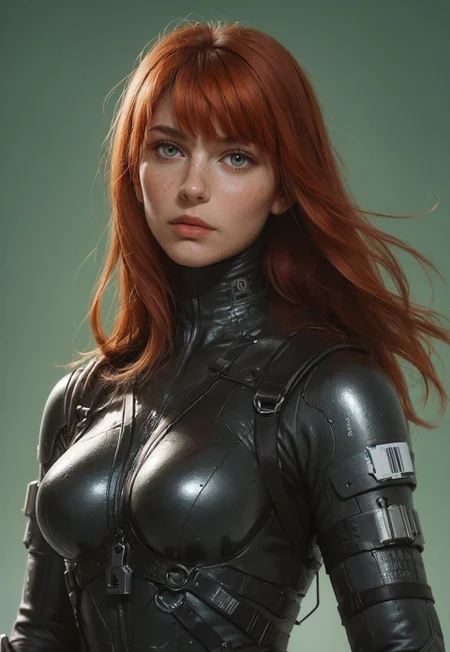 safe_pos, mcnm, 1girl, upper body, freckles, long hair, bangs,

medium breasts, 

mech suit, armor, synthetic, leather straps, nylon, tactical, barcode, unzipped,

simple green background,

score_8, score_9_up,