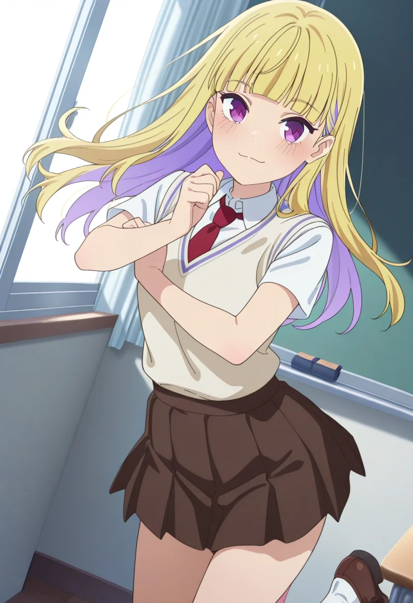 masterpiece,best quality,absurdres,perfect lighting,classroom,
*//*,<lora:HealerGirl_ReimiItsushiro-Illustrious:1>,reimi_itsushiro,1girl,solo,blonde hair,long hair,colored inner hair,purple eyes,blunt bangs,school uniform,white shirt,collared shirt,short sleeves,red necktie,sweater vest,brown skirt,pleated skirt,white socks,shoes,brown footwear,loafers,
*//*,looking at viewer,cowboy shot,dutch angle,dynamic pose,light smile,