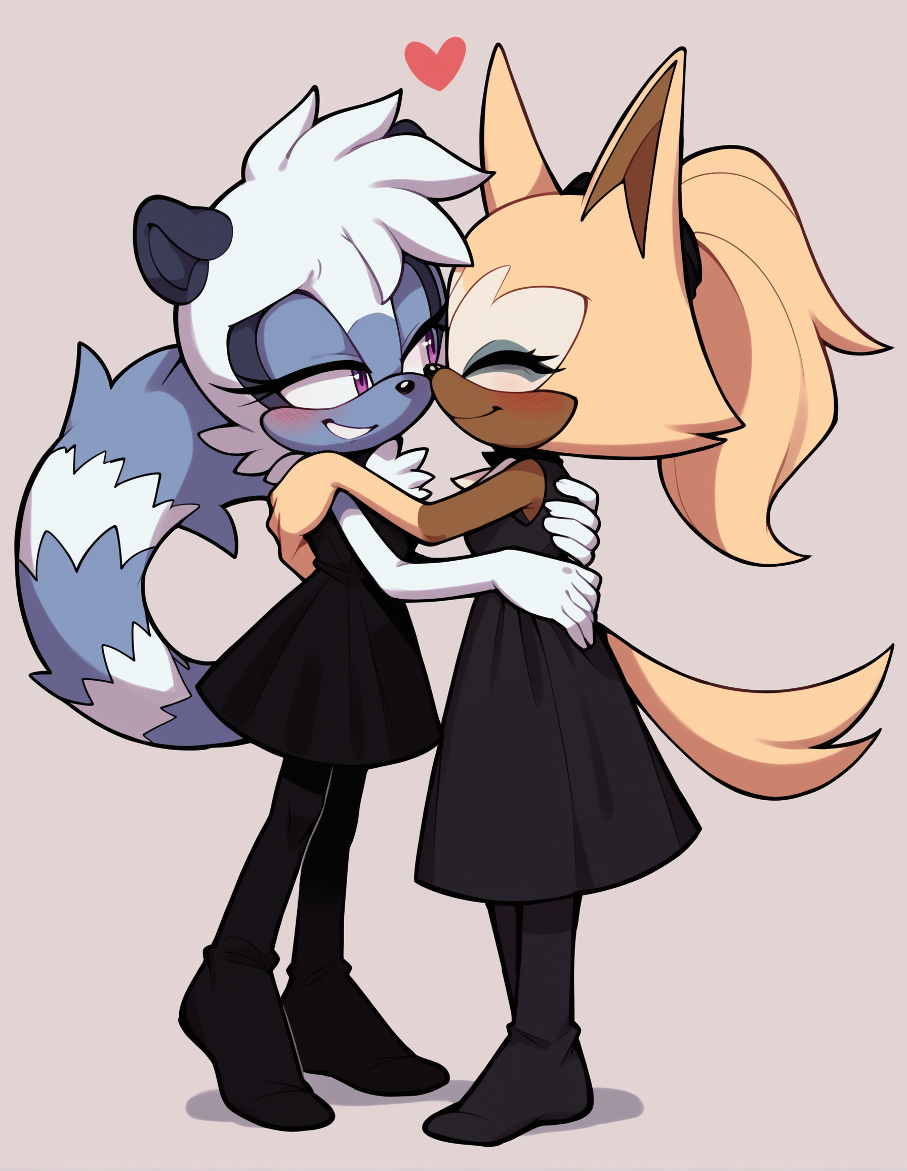 zPDXL, score_9, score_8_up, score_7_up, score_6_up, score_5_up, score_4_up, <lora:hand 4:0.8>, sonic \(series\), 2girls, yuri, hug, looking at another, heart, blush, <lora:Whispangle_v0-1:0.8>, tangle the lemur, lemur ears, lemur tail, white fur, grey fur, two-tone fur, purple eyes, smile, sonic \(series\), black dress, black pantyhose, no shoes, 
zPDXL, score_9, score_8_up, score_7_up, score_6_up, score_5_up, score_4_up, sonic \(series\), 2girls, yuri, hug, looking at another, heart, blush, whisper the wolf, wolf ears, wolf tail, brown fur, yellow fur, two-tone fur, ponytail, closed eyes, smile, black dress, black pantyhose, no shoes,