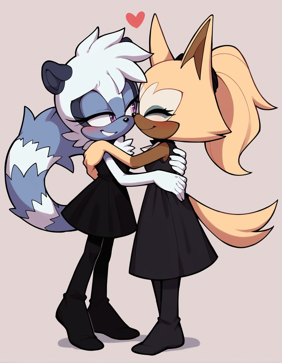 zPDXL, score_9, score_8_up, score_7_up, score_6_up, score_5_up, score_4_up, <lora:hand 4:0.8>, sonic \(series\), 2girls, yuri, hug, looking at another, heart, blush, <lora:Whispangle_v0-1:0.8>, tangle the lemur, lemur ears, lemur tail, white fur, grey fur, two-tone fur, purple eyes, smile, sonic \(series\), black dress, black pantyhose, no shoes, 
zPDXL, score_9, score_8_up, score_7_up, score_6_up, score_5_up, score_4_up, sonic \(series\), 2girls, yuri, hug, looking at another, heart, blush, whisper the wolf, wolf ears, wolf tail, brown fur, yellow fur, two-tone fur, ponytail, closed eyes, smile, black dress, black pantyhose, no shoes,