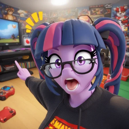 soyjack, open mouth, pointing, :o, Score_9, score_8, score_7, masterpiece, livestream, 1girl, masterclickbait, portrait, shocked_face, face_focus, gaming, anthro, solo, snuddy, 3d.
Twilight_sparkle(pawg, alternate hairstyle, pigtails, long_hair, wearing glasses, gaming, nerd, pigtails).