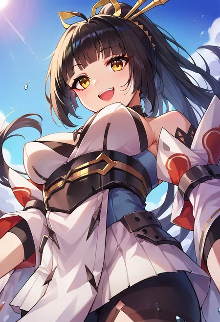 score_9,score_8_up,score_7_up,score_6_up, akagi_(blue oath), 1girl, black hair, bangs, yellow_eyes, hair ornament, blunt bangs, long hair, open mouth, akagi_default, gloves, black gloves, breasts, necklace, strapless, japanese clothes, white dress, detached sleeves, wide sleeves, sash, black pantyhose, smile, upper body, close up, from below, Simple background