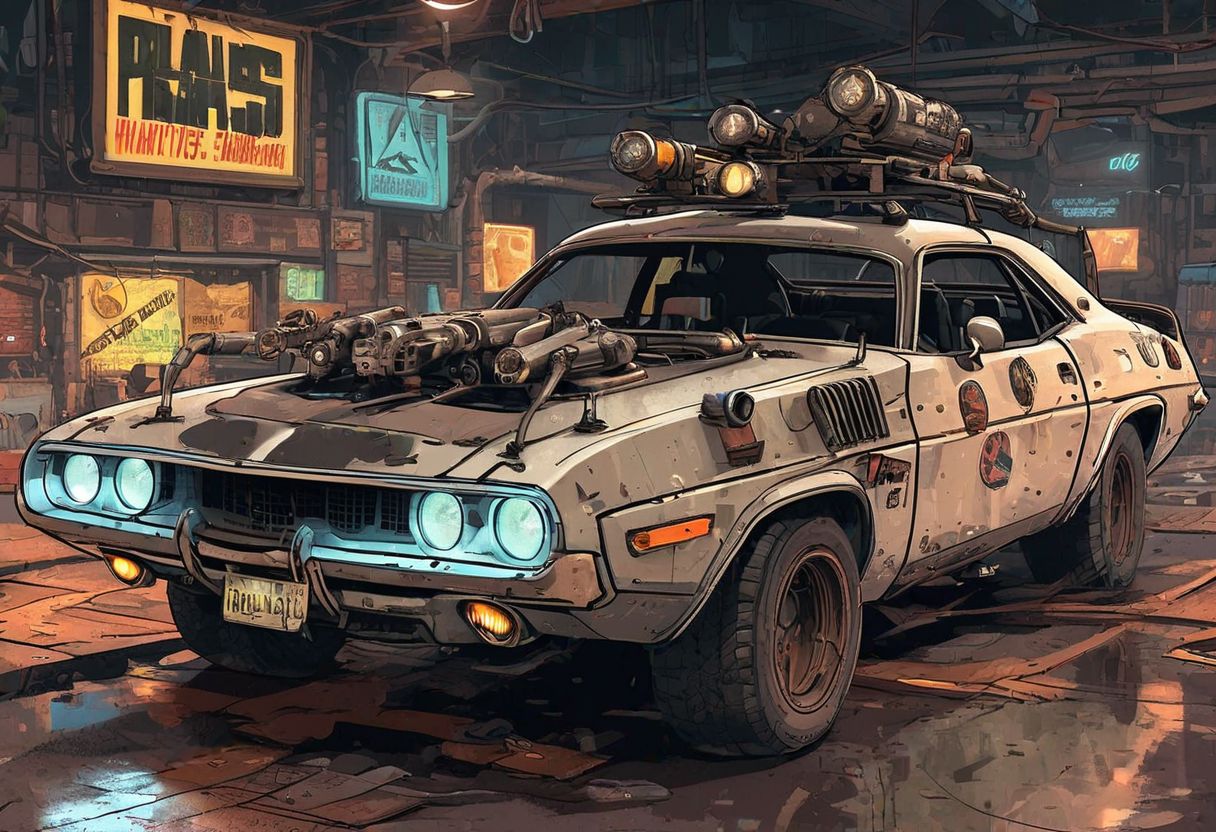 Old white Dodge challenger 1970 in very dark night cyberpunk sci-fi garage, sci-fi 70s,in style Pacific Drive car, in style DMC Deloren from  Back to the future, patches, radar on the car roof, glowing fluorescent hoses, retro cassette futurism 70s, fluorescent wires and modules and devices and gadgets 70s,  style of ghostbusters technology, radioactive glowing hose and tubes,  spacepunk dieselpunk atmosphere, frostpunk colors, cyberpunk 2077 car,  (masterpiece:1.2, best quality), Graphic details, perfect design, very dark black night cyberpunk background, glowing cloning vats inside car
Scrapbuilt