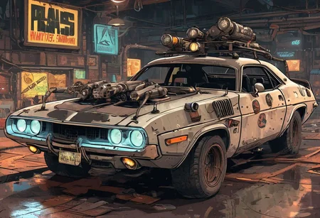 Old white Dodge challenger 1970 in very dark night cyberpunk sci-fi garage, sci-fi 70s,in style Pacific Drive car, in style DMC Deloren from Back to the future, patches, radar on the car roof, glowing fluorescent hoses, retro cassette futurism 70s, fluorescent wires and modules and devices and gadgets 70s, style of ghostbusters technology, radioactive glowing hose and tubes, spacepunk dieselpunk atmosphere, frostpunk colors, cyberpunk 2077 car, (masterpiece:1.2, best quality), Graphic details, perfect design, very dark black night cyberpunk background, glowing cloning vats inside car
Scrapbuilt