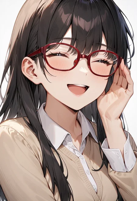 masterpiece, best quality, very aesthetic, absurdres,
1girl, solo, black hair, long hair,
Wellington22A, glasses, red-framed eyewear,
collared shirt, happy, smile, looking at another, adjusting eyewear, white background, simple background,
<lora:glasses_Wellington_cellframe1_SDXL_V1:0.8>