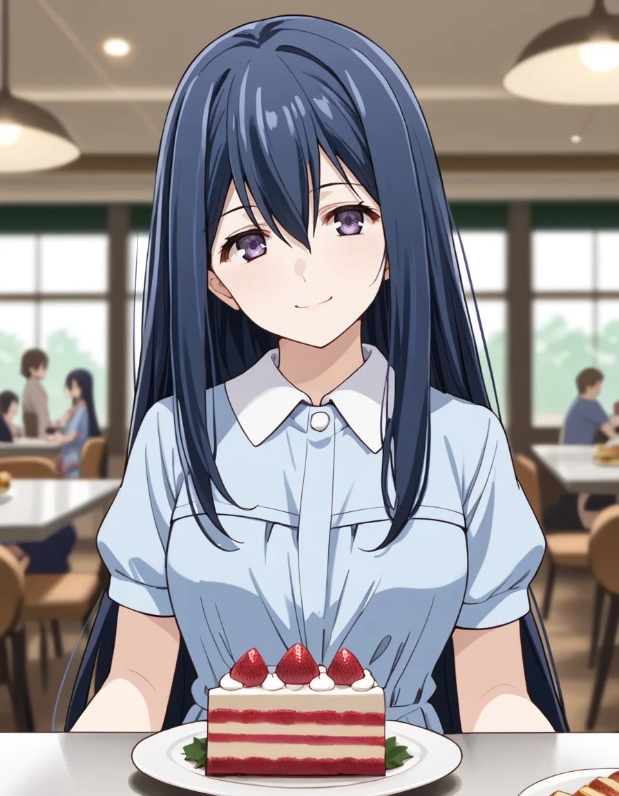 score_9, score_8_up, score_7_up, source_anime, BREAK
1girl, solo, looking at viewer, blurry background, restaurant, food, arm support, head tilt, smile, 
neko kuroha, blue hair, long hair, hair between eyes, sidelocks, purple eyes, cake,
casual outfit, white collar, blue dress, short sleeves,
pov,
<lora:neko_kuroha_anime-soralz:1>