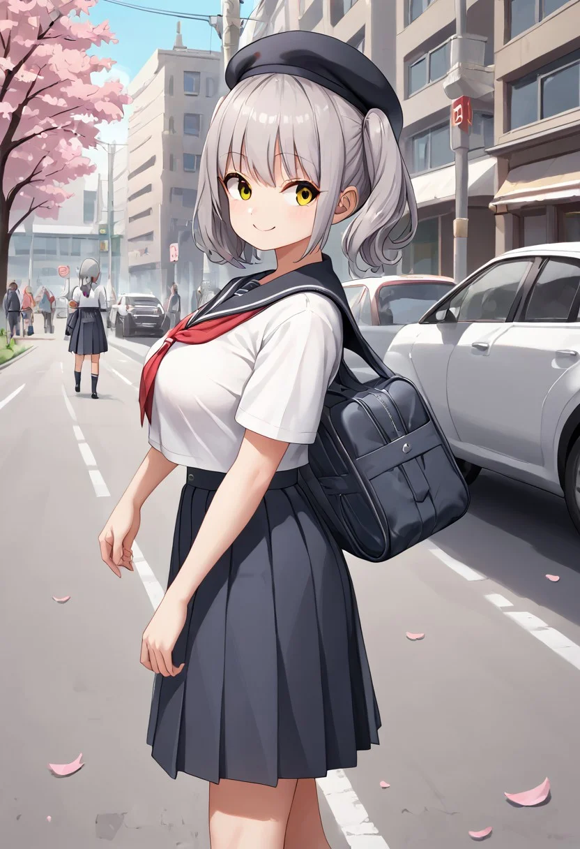 score_9, score_8_up, score_7_up, BREAK source_anime, multiple girls walking on the street, belorta, gray hair, twintails, shorthair, yellow eyes, big breast,
school uniform, sailor fuku, beret, school bag, wearing school bag, smile, walking, school background, street, cherry blossom, looking away, from side view, cars, garbage truck,