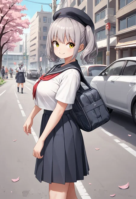 score_9, score_8_up, score_7_up, BREAK source_anime, multiple girls walking on the street, belorta, gray hair, twintails, shorthair, yellow eyes, big breast,
school uniform, sailor fuku, beret, school bag, wearing school bag, smile, walking, school background, street, cherry blossom, looking away, from side view, cars, garbage truck,