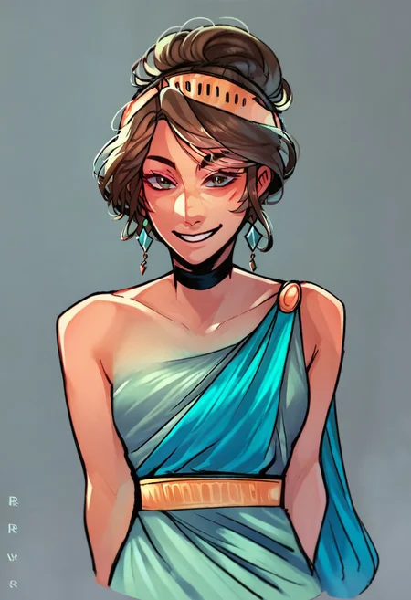 score_9,score_8_up,score_7_up,score_6_up,source anime, 1girl, Penelope, single hair bun, hair bun, dress, smile, looking at viewer