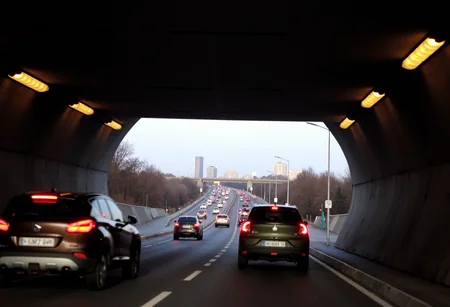 Medium-resolution photo, shot on a digital camera, slight blur, minimal JPEG artifacts, no significant graininess. The image depicts a tunnel. The tunnel leads towards kyiv city in the background, lit up in the evening light with rows of car lights visible. Multiple vehicles are captured driving through the tunnel, including a dark-colored car in the foreground on the right, a black SUV in the middle ground, and several other vehicles further in the background on a multi-lane road. Inside the tunnel, light strips run along the ceiling, casting an even glow. The scene portrays an urban setting, indicative of evening commute in a metropolitan area., 