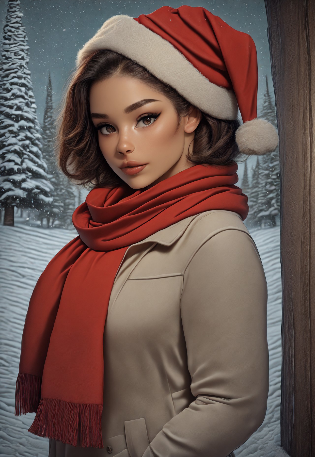 masterpiece, absurdres, best quality, Christmas Aesthetic, 1girl, solo, hat, scarf, brown hair, snow, brown eyes, red scarf, tree, christmas, upper body, looking at viewer, snowing, short hair, pine tree, lips, santa hat, winter, coat, red headwear